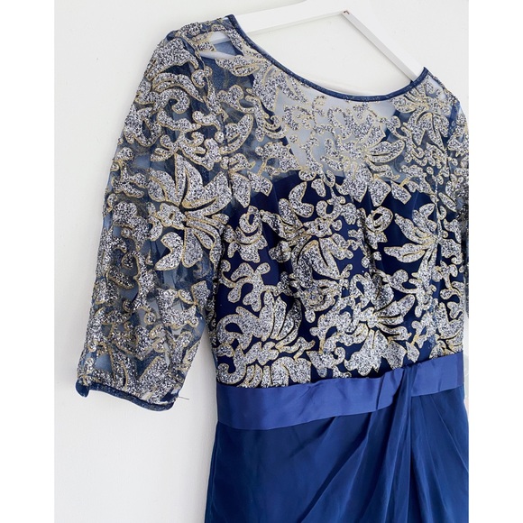 RENZ BRIDAL Navy Blue Satin Chiffon Embellished Gown - Picture 4 of 17